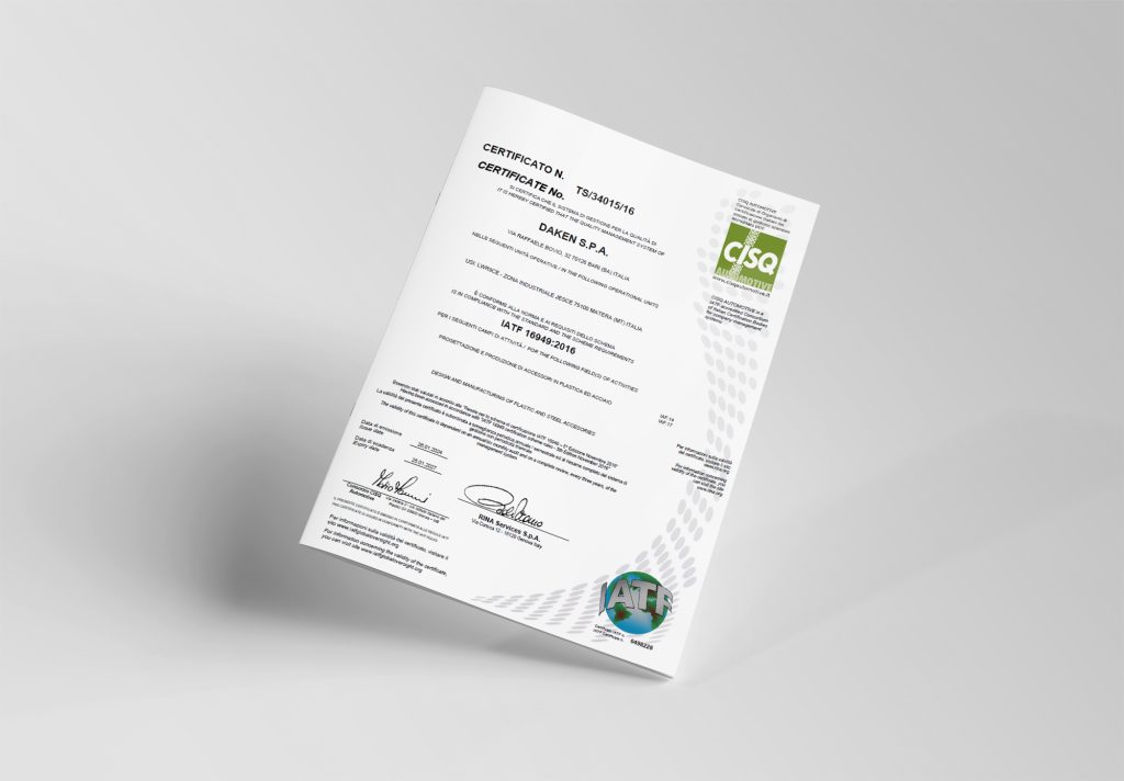 Daken has obtained IATF 16949:16 certification